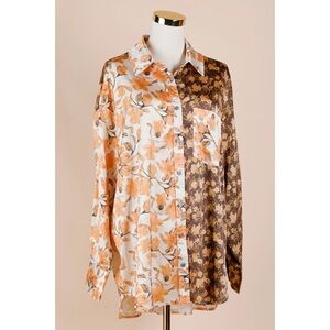 Sz M Entro Floral Mix Print Satin-Like Button Down Blouse In Cream / Brown EUC